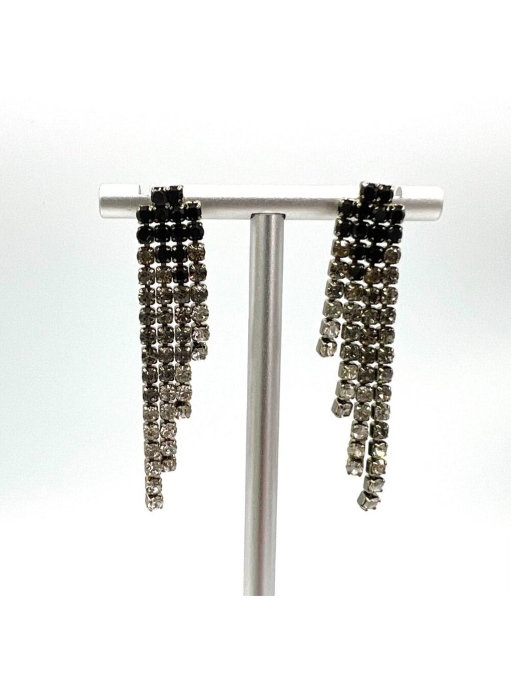 Black Clear Rhinestone Waterfall Dangle Pierced Earrings Silver Tone